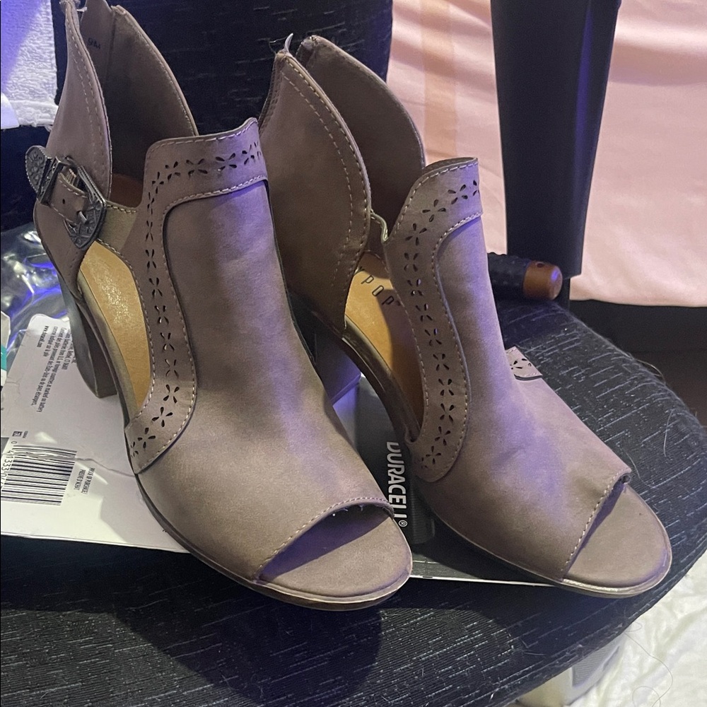 Jellypop Taupe Heeled Boots with Cut-Out Design